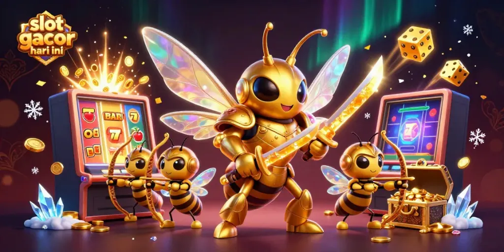 Ilustrasi slot gacor hari ini dengan karakter lebah berperang di mesin slot.