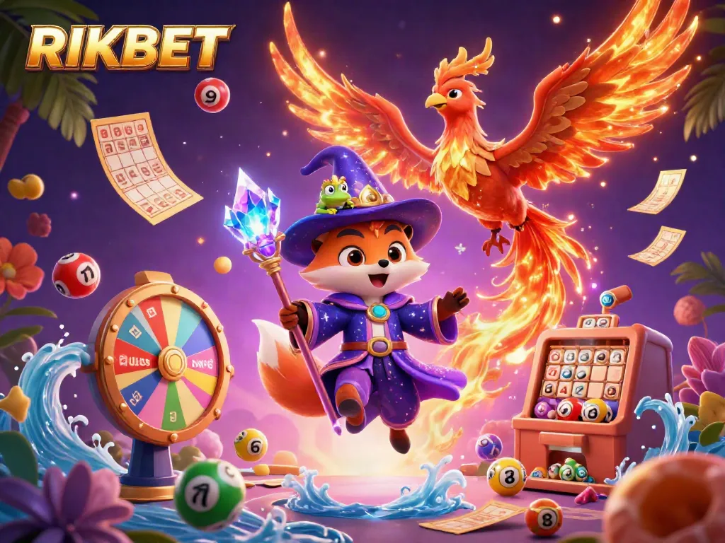 Experience the thrill of RIKBET through this dynamic 3D illustration depicting winning moments and colorful game elements.