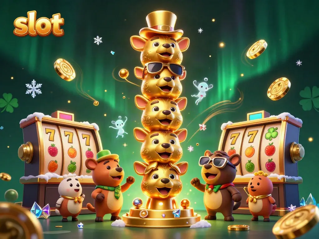 Engage with vibrant slot action featuring a golden totem pole surrounded by 3D slot elements and coins.