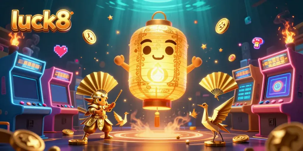 Engage your luck8 strategy with vibrant casino-themed immersive 3D visuals from a magical night market.