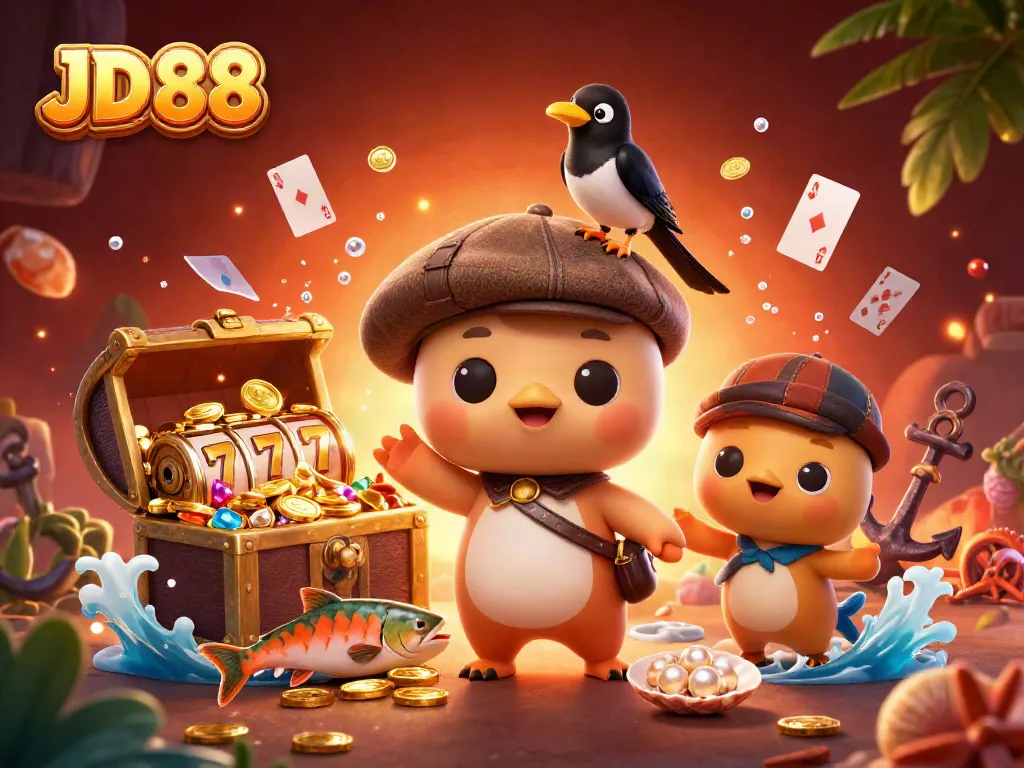 Play and win at JD 88 with a lively cartoon scene featuring Nessie, gold treasures, and lucky slot elements.