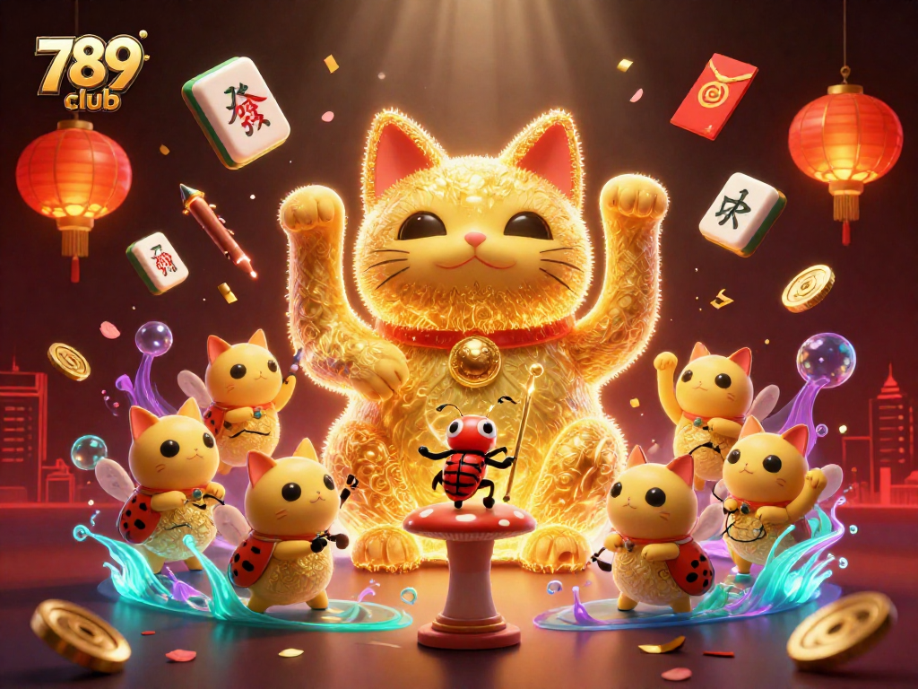 Experience the excitement of the 789 club with a vibrant 3D illustration showcasing a giant lucky cat amidst casino symbols.