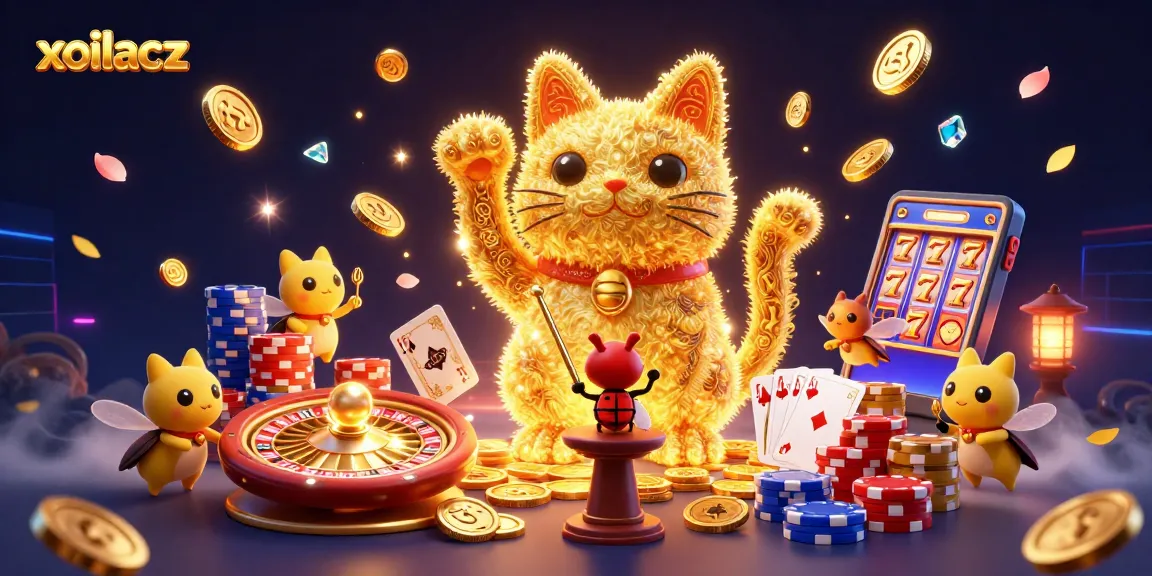 Experience the vibrant magic of xoilacz with a lucky cat formed from fireflies, surrounded by casino symbols.