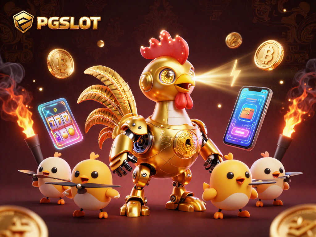 Spin to win with PGSLOT showcasing vibrant 3D illustrations of slots and cryptocurrencies.