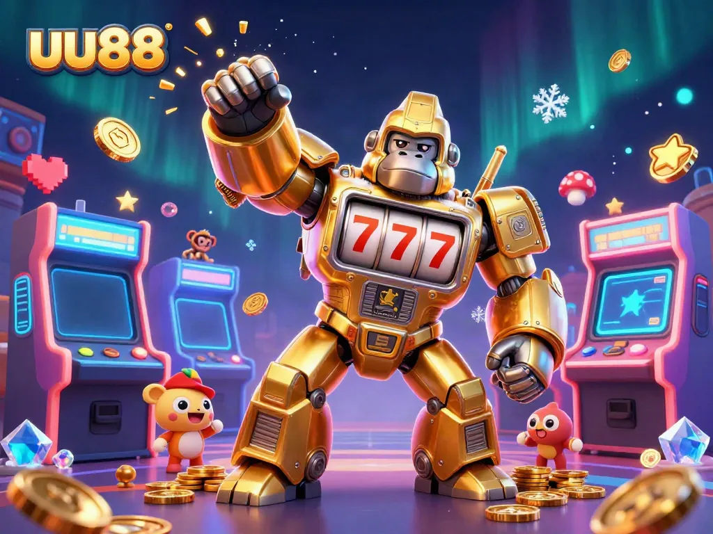 Experience thrilling wins at uu88 with a dynamic 3D gaming scene featuring slot machines and vibrant characters.