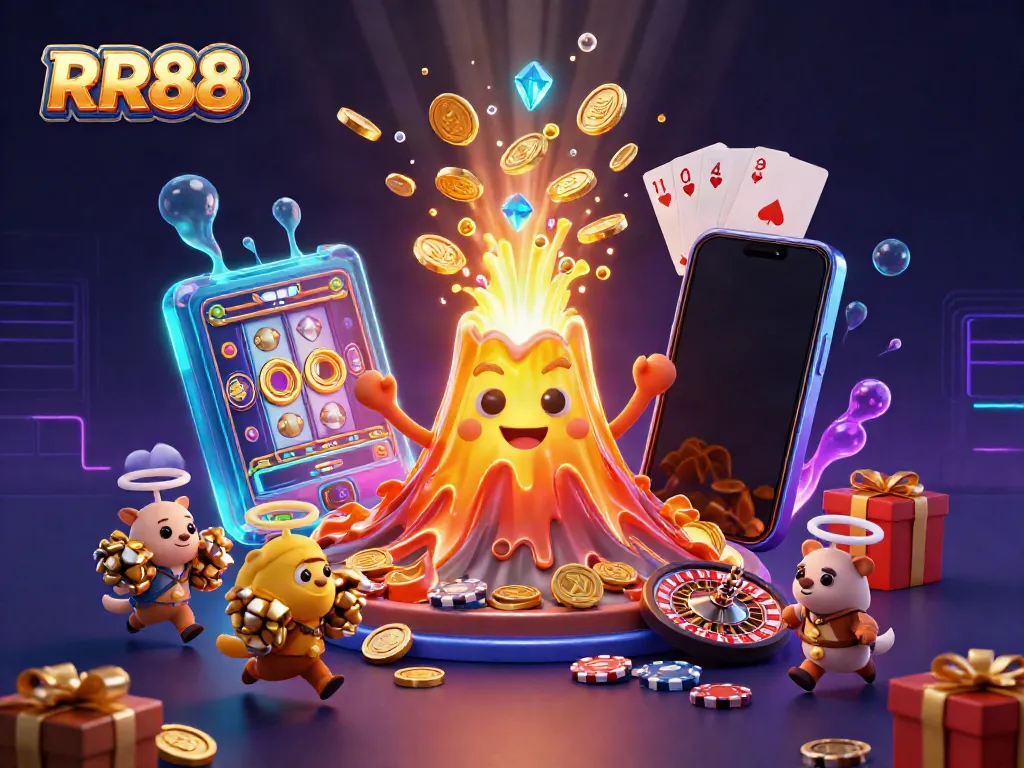 Experience thrilling wins at RR88 with a lively golden volcano erupting coins and gem treasures in this vibrant casino scene.