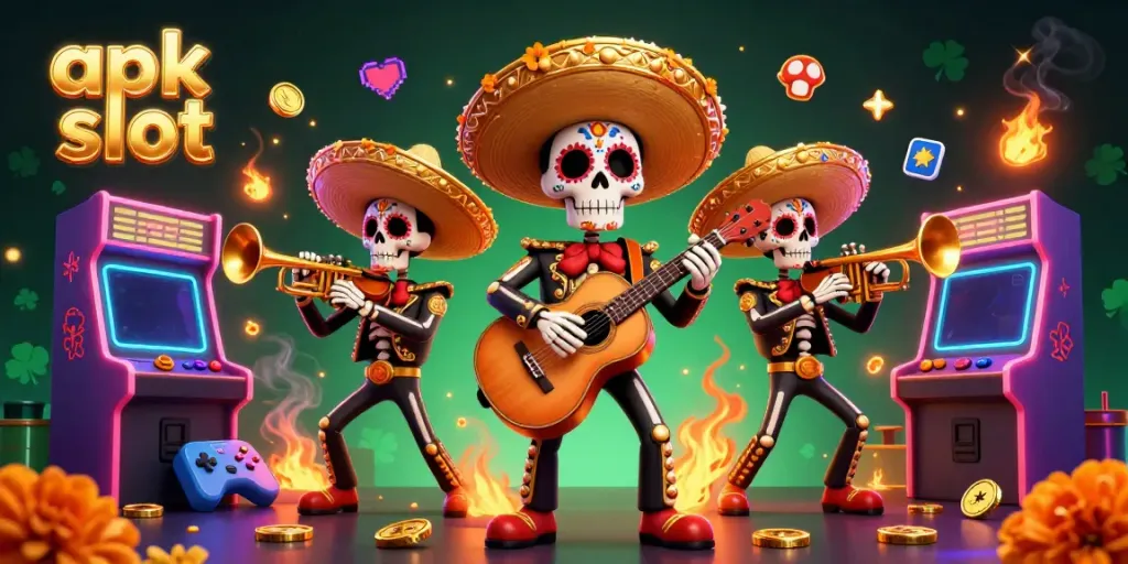 Experience the thrill of apk slot with a vibrant mariachi band and dynamic game elements in this 3D illustration.