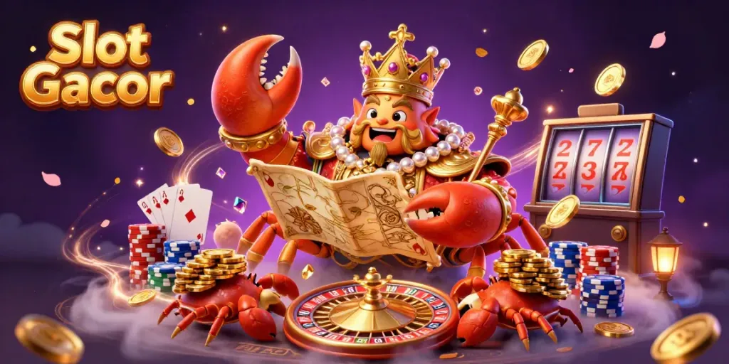 Engage in Slot Gacor with a cartoon emperor crab holding a scepter, surrounded by treasures and vibrant casino elements.