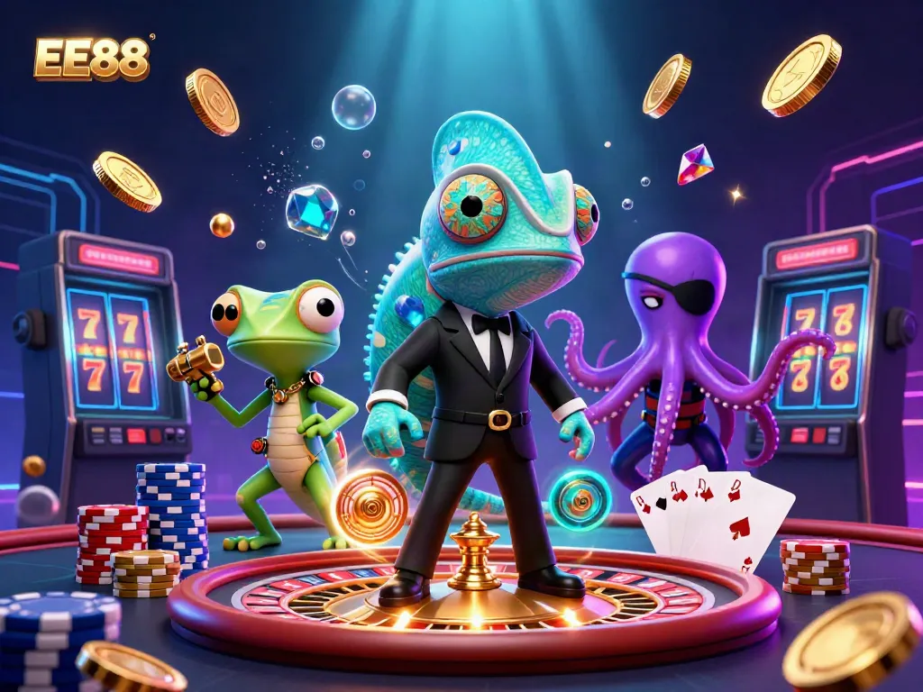 Engage with EE88 in a vibrant 3D casino scene featuring a secret agent chameleon and tech-savvy gecko.