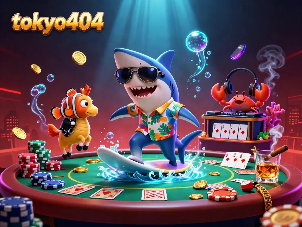 Experience exciting poker action with tokyo404 in a rich 3D scene featuring playful undersea characters.