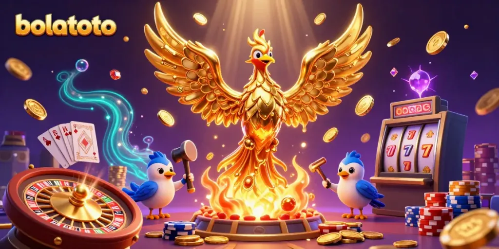 Experience thrilling wins at bolatoto with a golden phoenix emerging from riches in a vibrant casino scene.