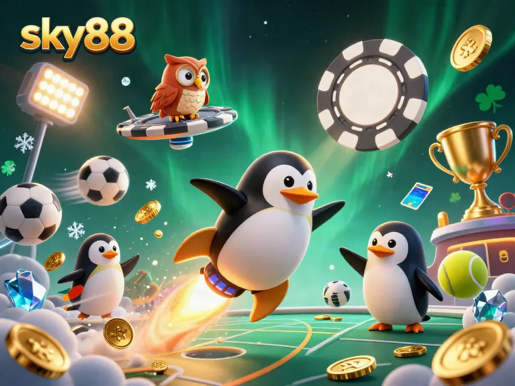 Experience thrilling gameplay at sky88 with a golden penguin on a cosmic adventure toward a vibrant casino