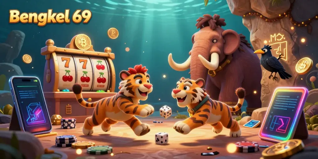 Bengkel 69 showcases unique slots gameplay features in a vibrant, animated casino scene.