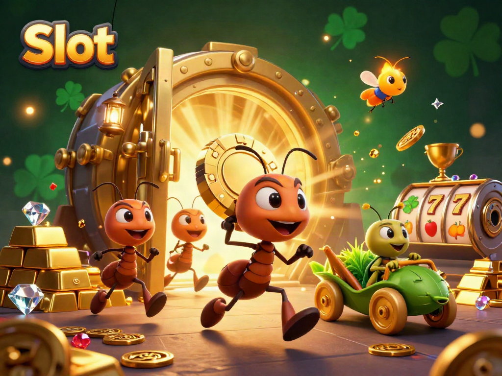 Thrilling Slot scene with energetic ants heisting a giant poker chip amid treasures and dynamic game elements.