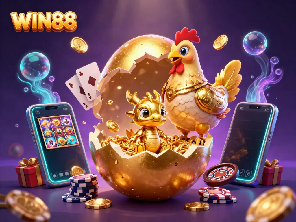 Experience WIN88 excitement with a golden dragon and casino treasures in a dynamic 3D scene.