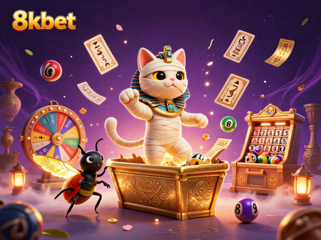 Engage with 8kbet in this vibrant illustration featuring a funky mummy cat and golden elements in a pyramid-themed casino.