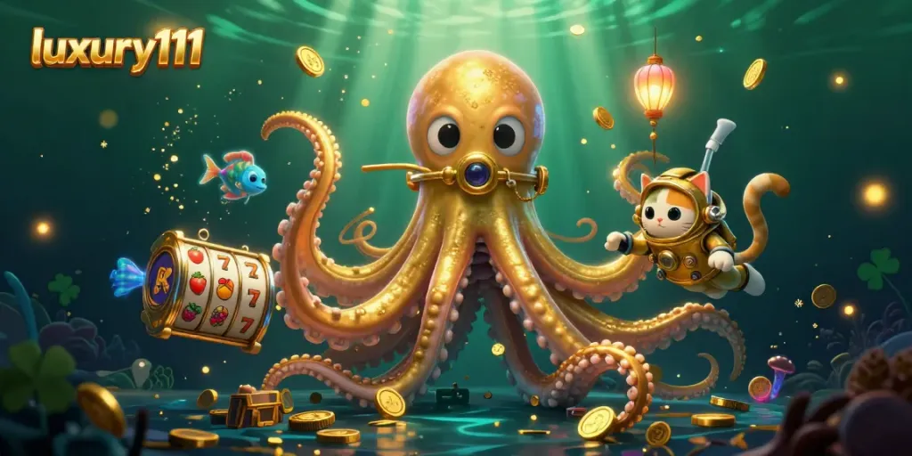 Experience thrilling game action with luxury111, showcasing a colossal kraken and diving cat in a vibrant casino scene.