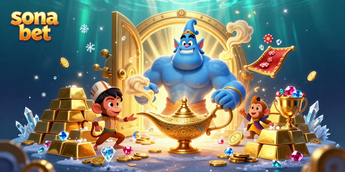 Sona bet showcases an enchanting scene with a genie, monkey, and poker chips, featuring dazzling treasure effects.