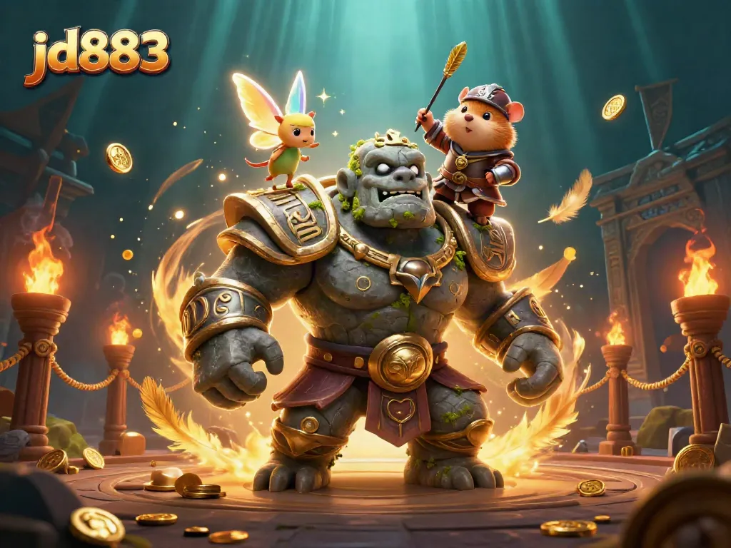 Experience the thrilling world of jd883 with a magical golem, fairy, and hamster knight surrounded by gaming elements.