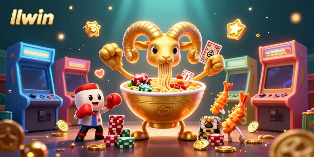 Engage with llwin's vibrant casino atmosphere featuring a giant ramen bowl character and sushi dealer.