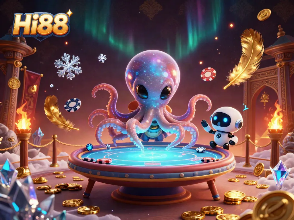 Hi88 showcases an exciting gambling scene with a vibrant alien octopus, poker action, and dynamic casino elements.