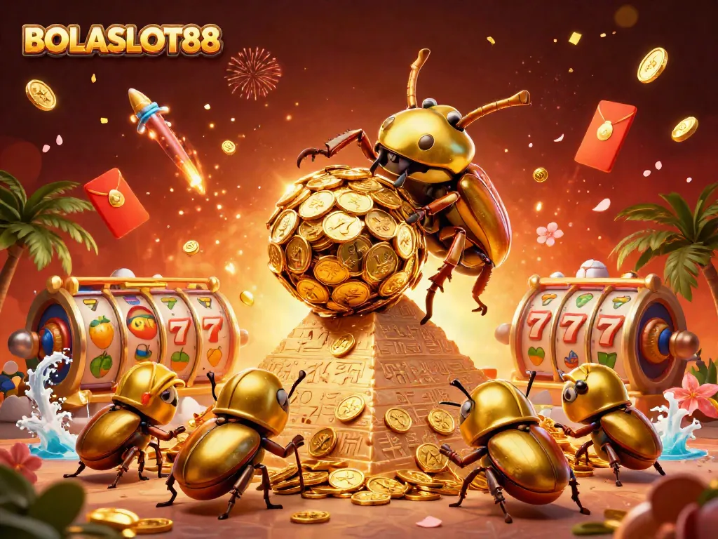 BOLASLOT88 features a dynamic 3D scene with a golden dung beetle rolling coins, creating vibrant casino excitement.