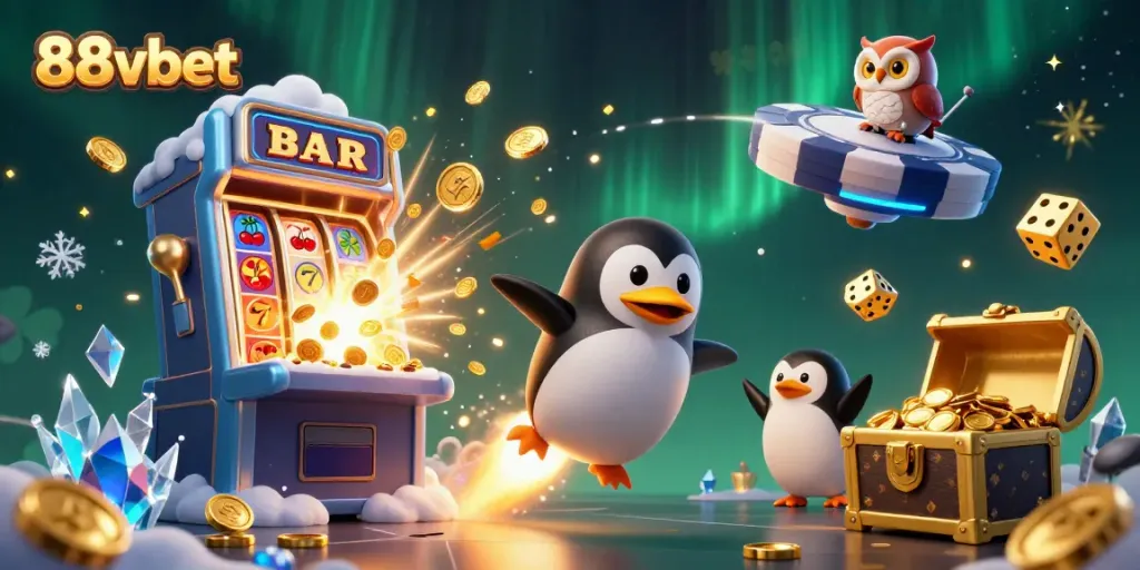 Experience thrilling casino adventures with 88vbet's rocket-powered penguin blasting through a vibrant gaming universe.