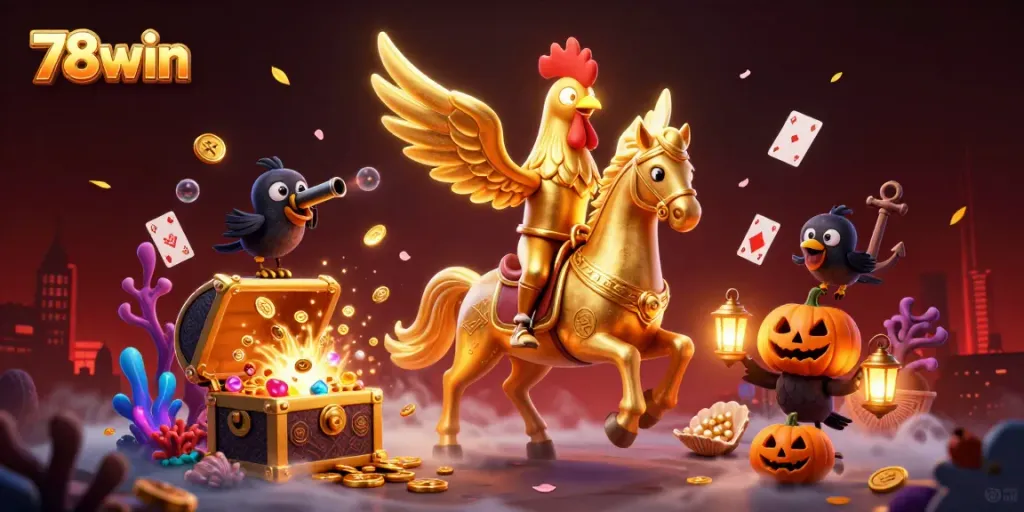Engage in the thrilling world of 78win with a golden rooster in a vibrant casino scene.
