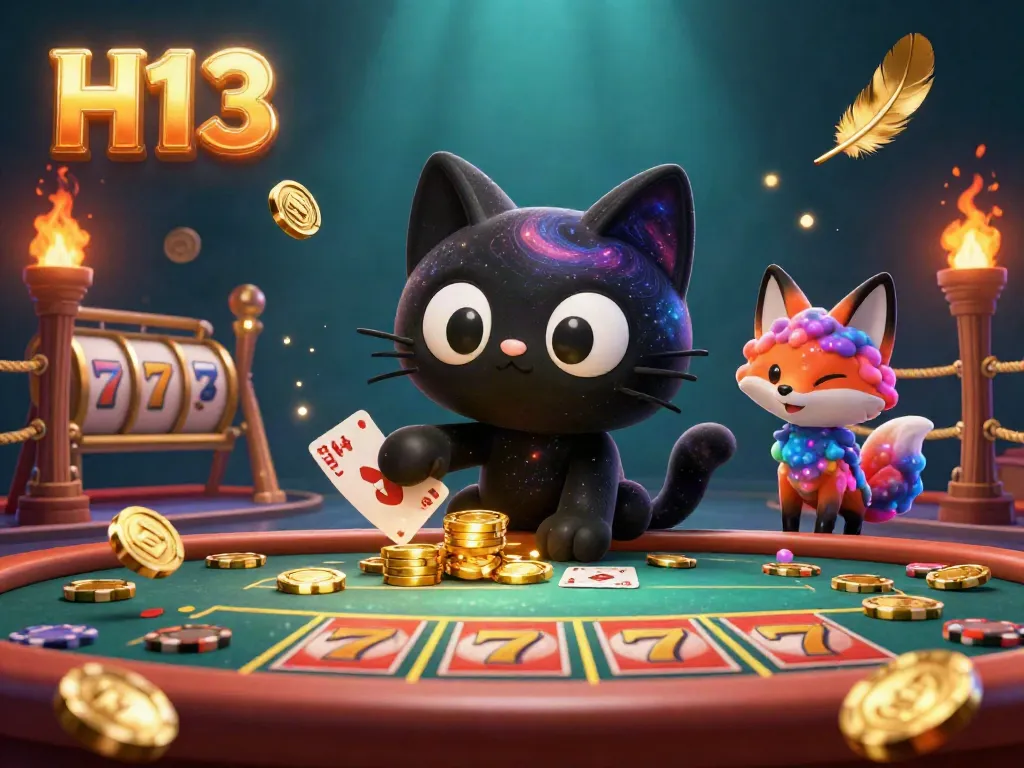 Engage with H13 in a vibrant cosmic casino scene featuring a black hole cat and colorful fox.