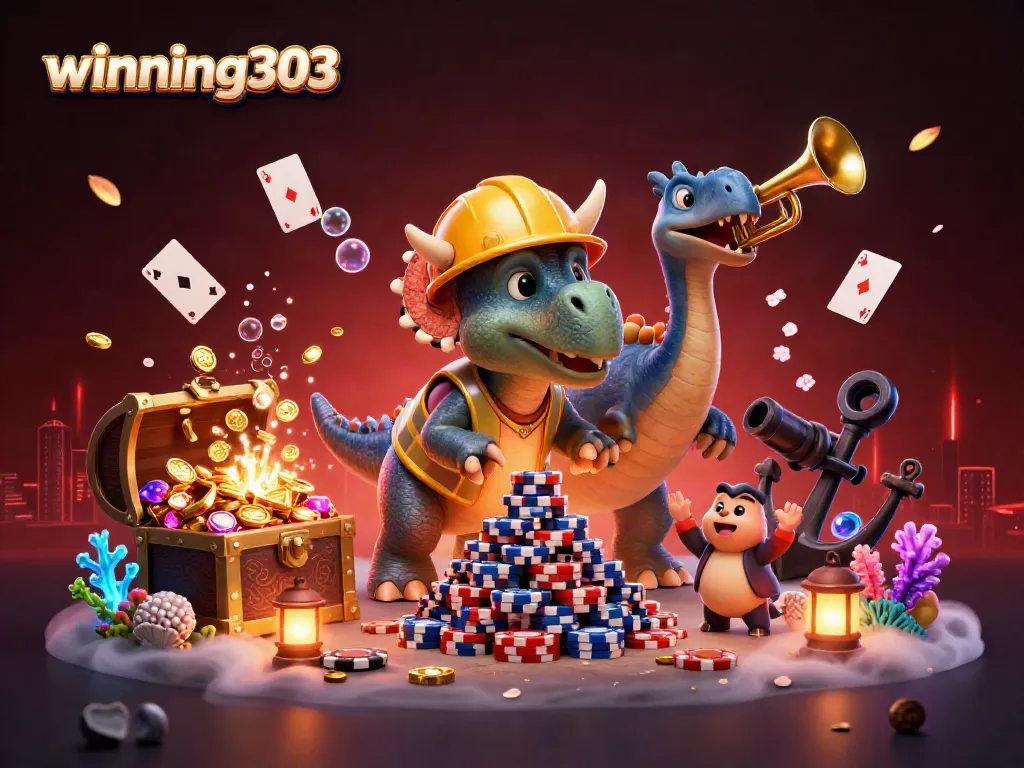 Winning303 showcases an exciting scene of a triceratops and friends joyfully celebrating with casino-themed decorations.