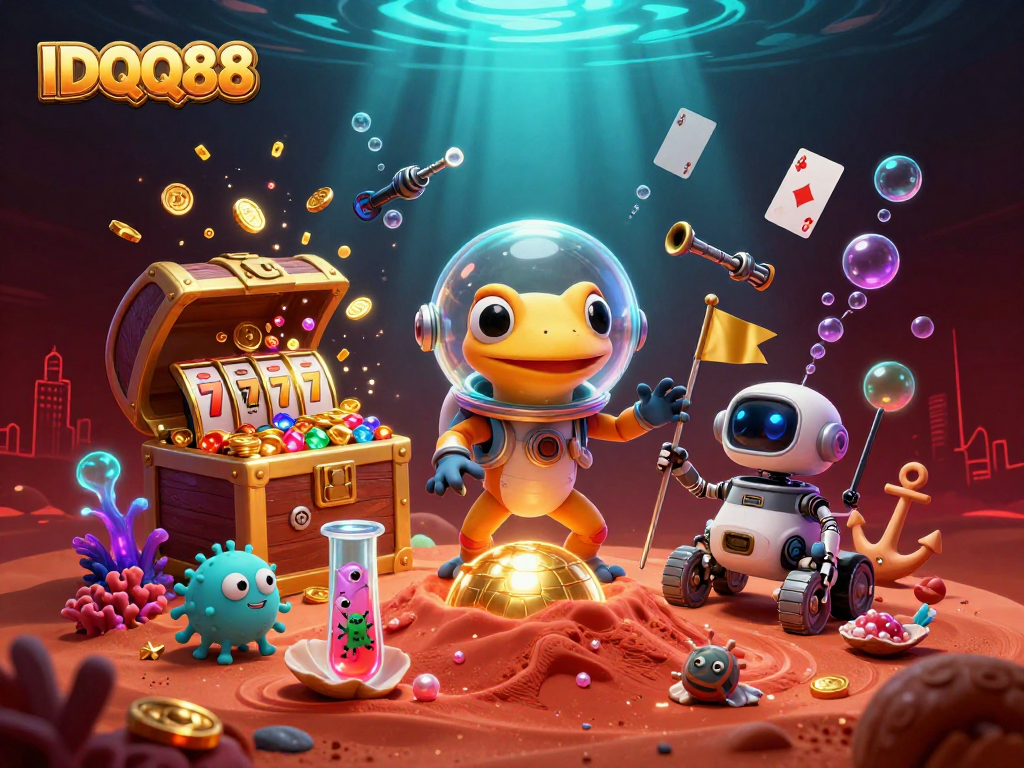 Engage with IDQQ88 in a vibrant casino adventure featuring a Martian gecko and winning treasures.