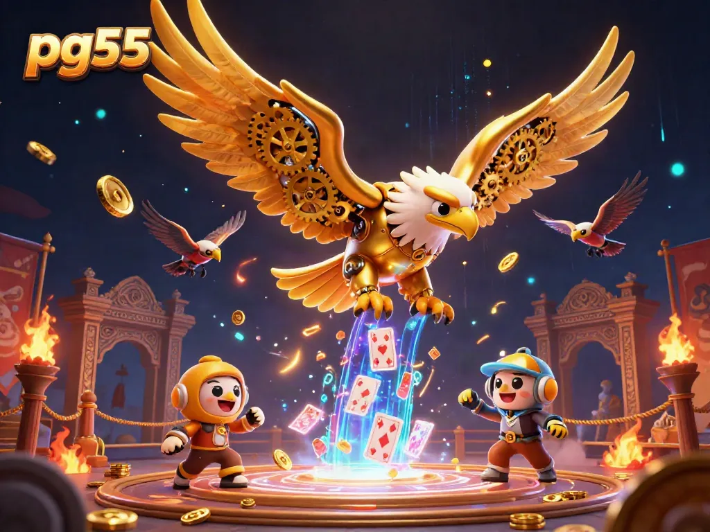 Experience the thrilling dive of the pg55 cybernetic eagle amidst a vibrant casino backdrop.