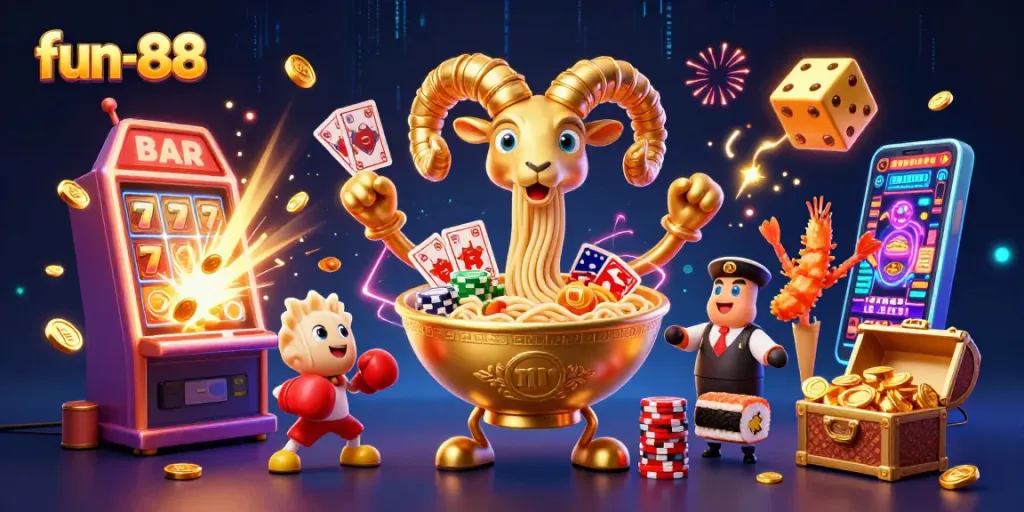 Experience fun-88 with a vibrant 3D casino illustration featuring dynamic characters, games, and explosive jackpots.