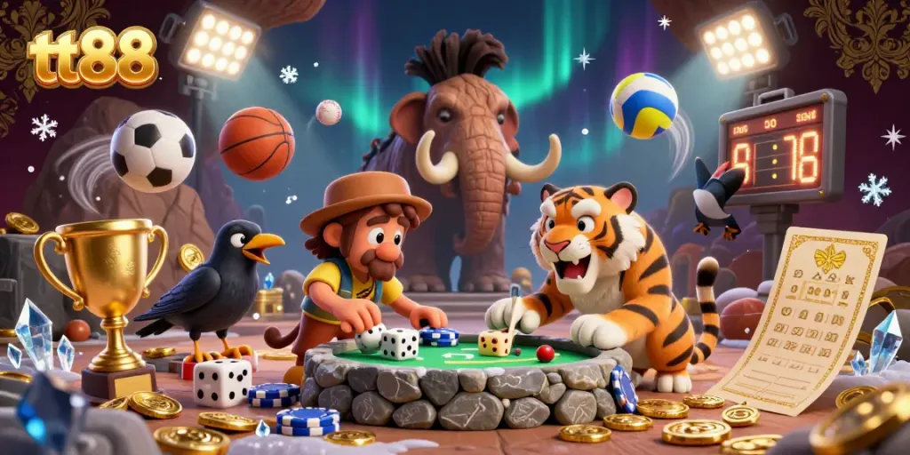 Experience thrilling gameplay at tt88, where a caveman and sabertooth team manage a vibrant casino atmosphere.