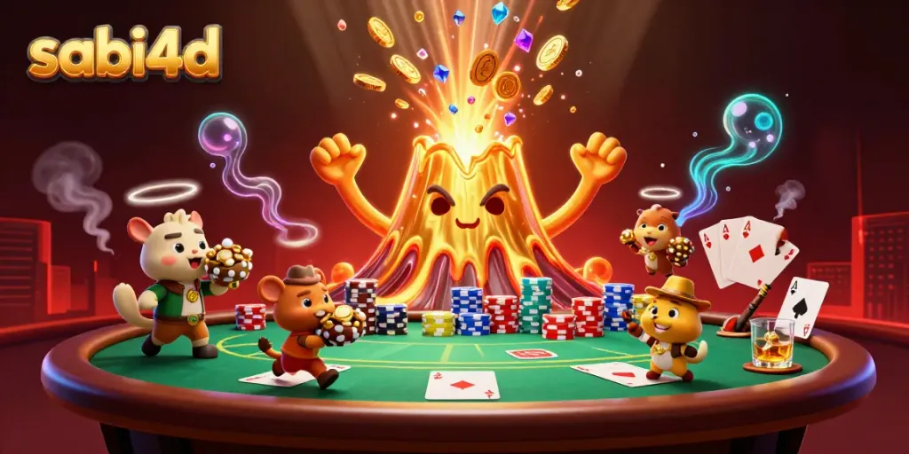 Win big with sabi4d as a golden volcano erupts treasures in a vibrant casino scene.