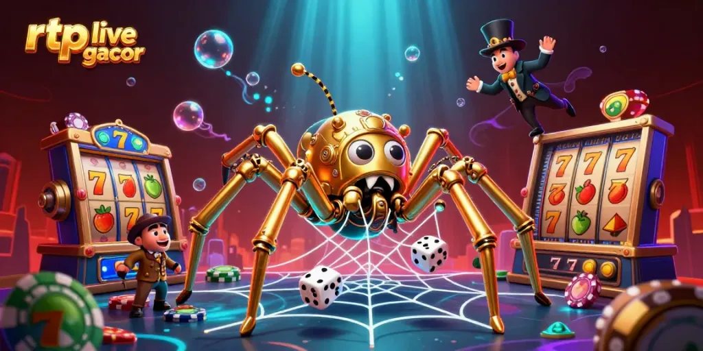 Experience the thrill of rtp live slot gacor games with a steampunk-themed illustration of a spider and gentleman.