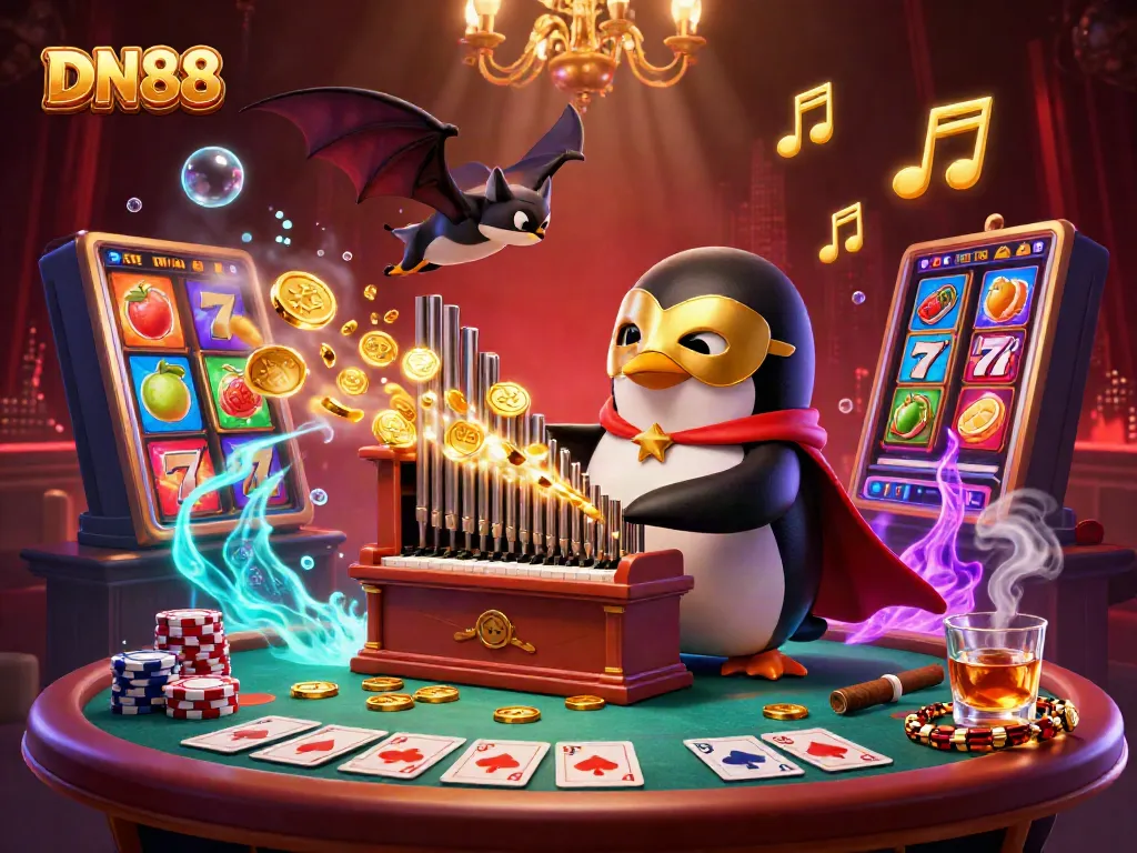 Experience thrilling action at DN88 with a vibrant 3D scene of a penguin playing an organ, showcasing gold coins and slot machines.