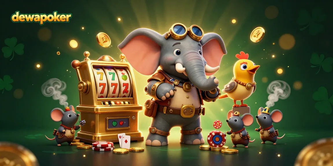 Dewapoker showcases a steampunk elephant engineer at a golden slot machine, engaging players with vibrant casino elements.