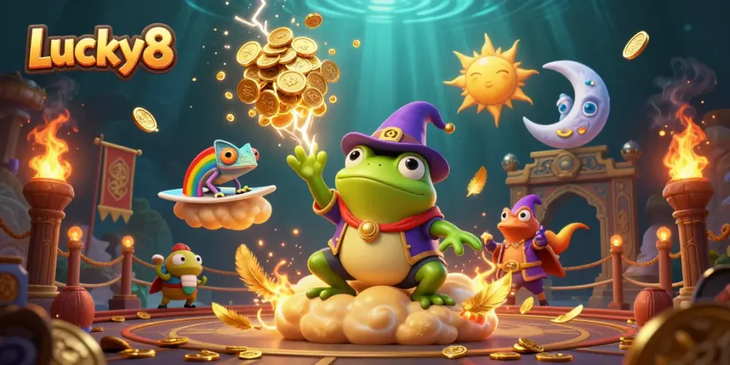 Experience winning thrills with Lucky8 in an engaging storm of golden coins and vibrant casino elements.