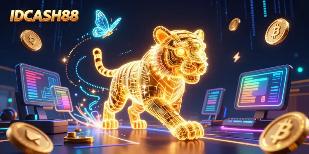 Engage with the vibrant digital casino world of IDCASH88 featuring a neon-wireframe tiger amidst cryptocurrency elements.