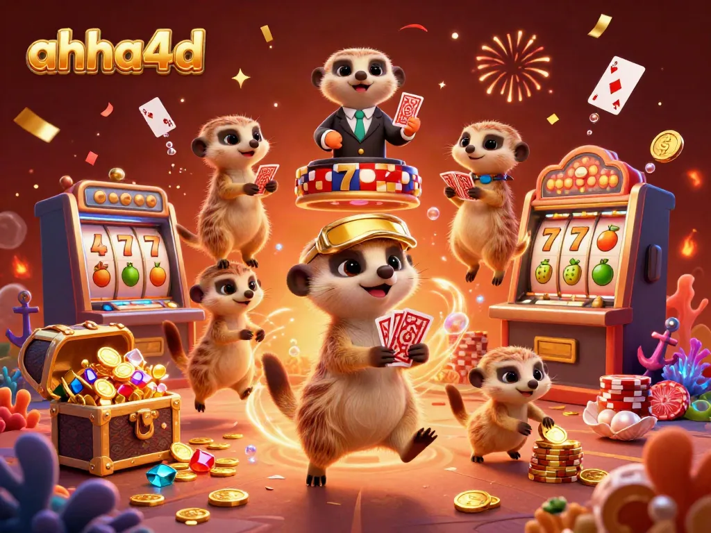 Experience the excitement of ahha4d with meerkats managing a vibrant casino environment filled with slot machines and lively decorations.