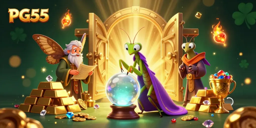 Experience an enchanted casino scene with PG55 elements and mystical characters for vibrant gambling adventures.