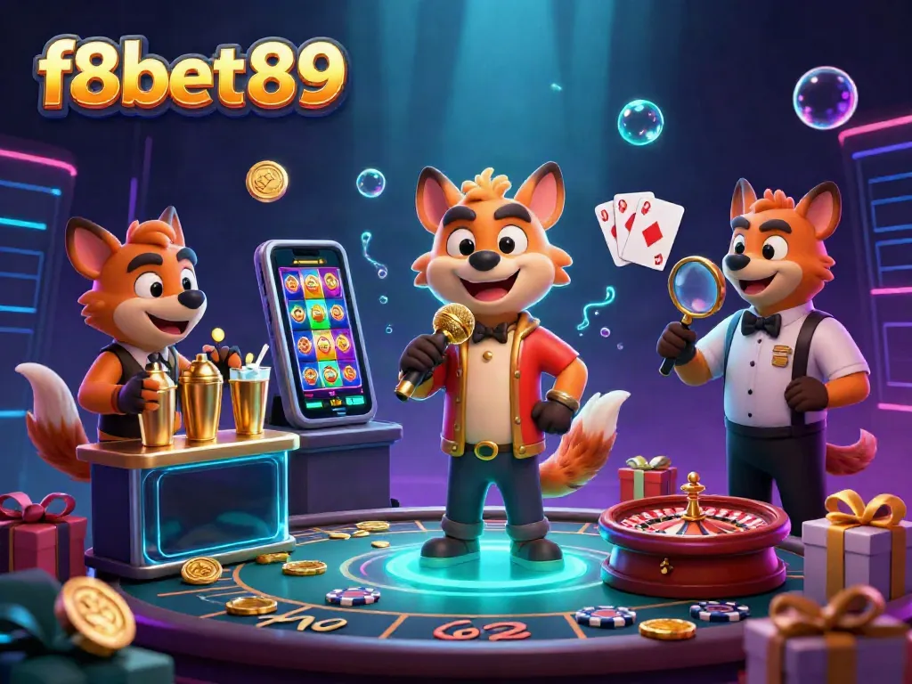 F8bet89 hyenas in a vibrant comedy casino scene, featuring lively gambling elements.
