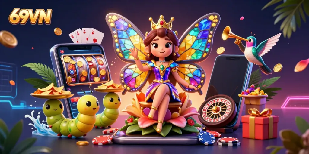 Experience the thrill of gaming with vibrant 69VN illustrations featuring a butterfly queen and golden casino attractions.