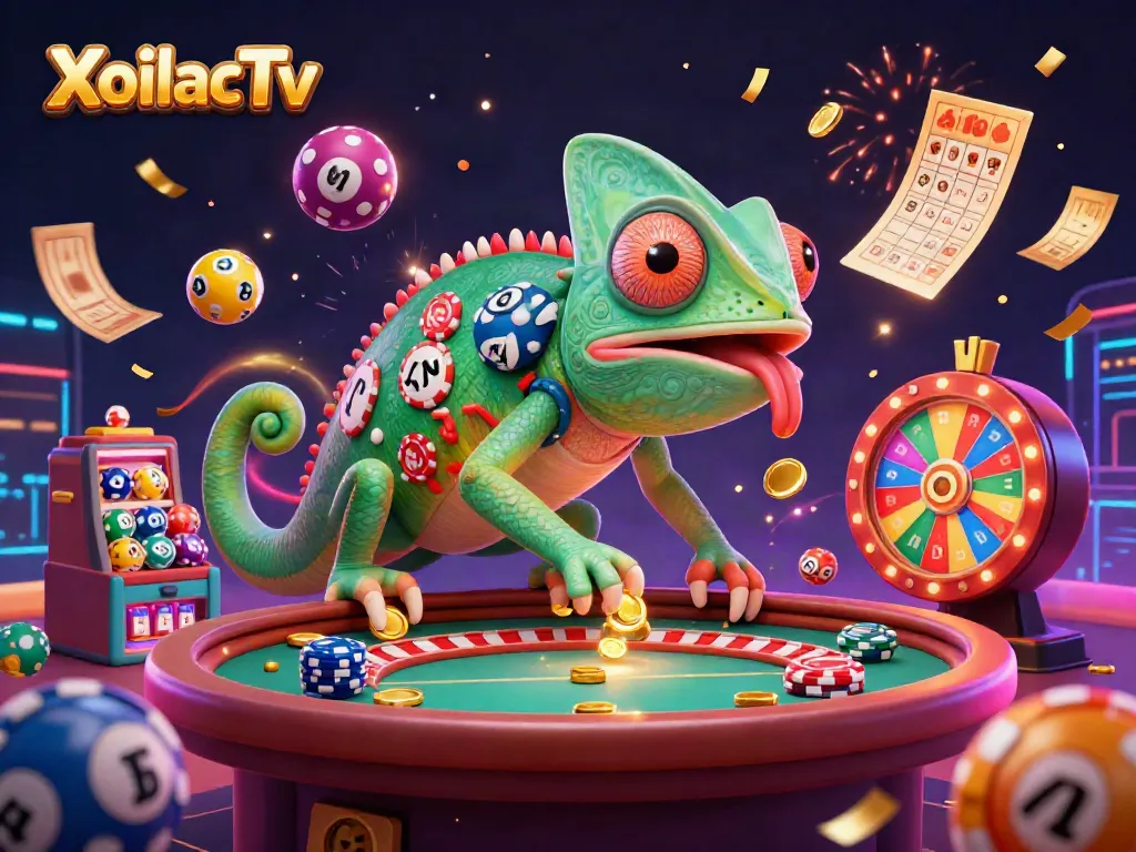 XoilacTv offers dynamic lottery excitement with colorful balls and a lively chameleon casino scene.