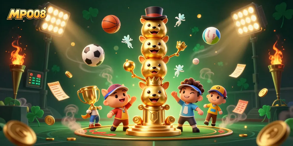 MPO08 showcases vibrant gambling elements with an engaging totem in a dynamic sports-themed scene.