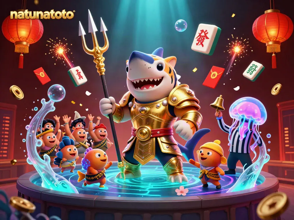 Mengakses permainan online dengan natunatoto: ilustrasi 3D hi-res tentang hiu kartun bersenjata trident dalam sebuah koloseum bawah laut.
