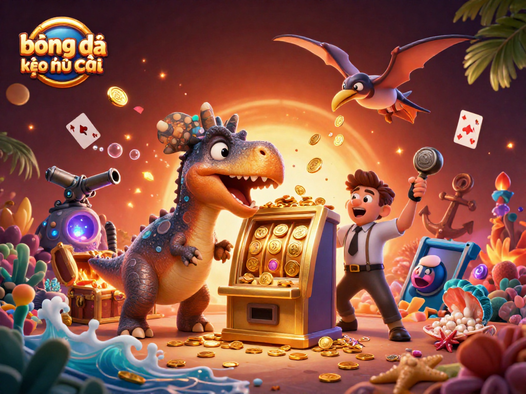 Experience thrilling bóng đá kèo nhà cái action with a dynamic casino scene featuring dinosaurs and jackpots.