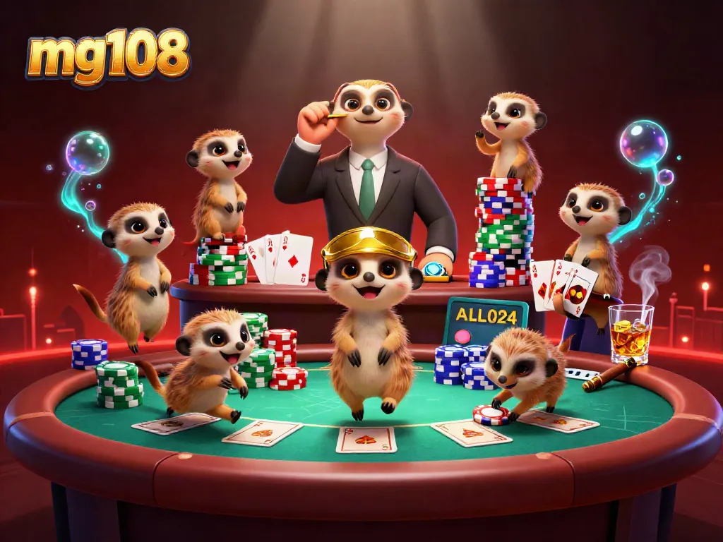 Meerkat beraksi di kasino mg108 dengan chip poker berwarna-warni dan suasana yang meriah.