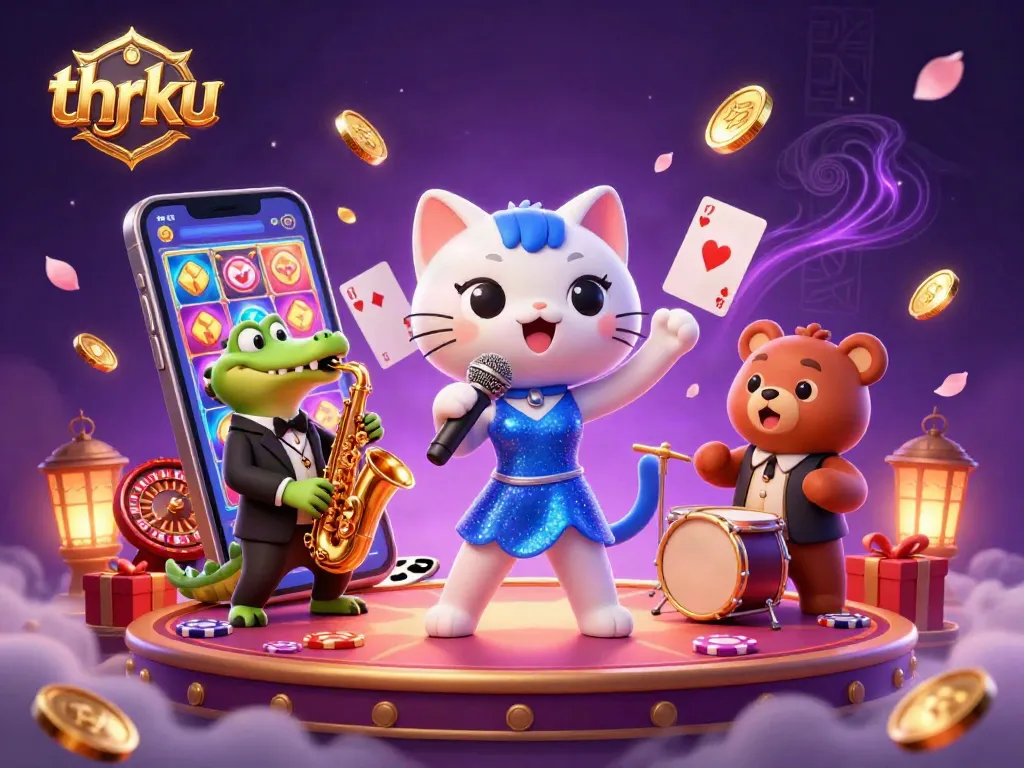 Engage with thrilling casino vibes at thrku with a vibrant illustration of lively characters and gaming elements.